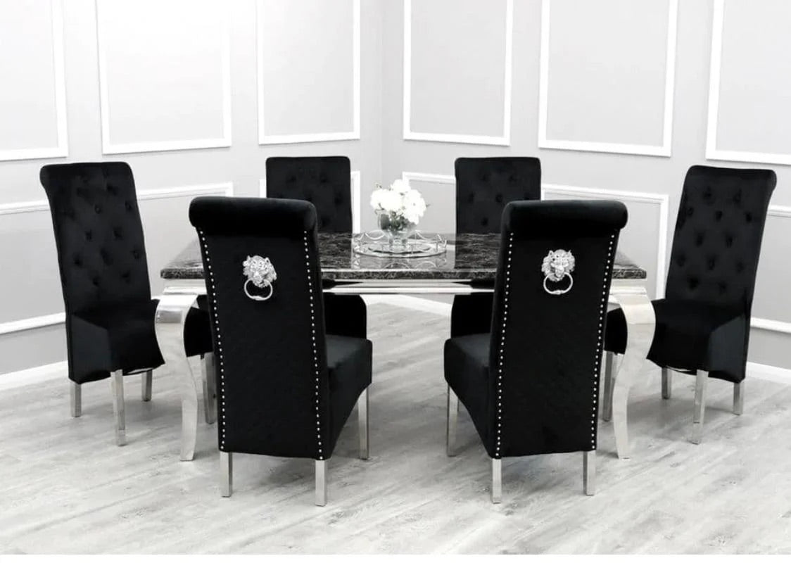 Lous 1.5 black  dining table  and 4 Emma chairs in black  plush velvet