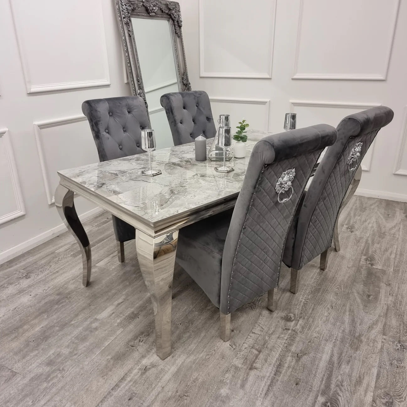 Lous 1.5 white dining table  and 4 Emma chairs in grey plush velvet